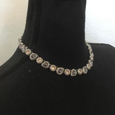 Beautiful Silver tone, gray and purple pink rhinestone collar necklace