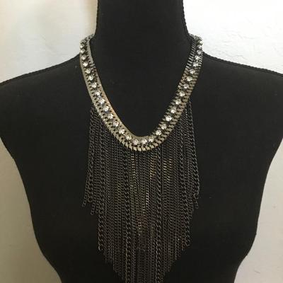 Gunmetal, gray rhinestone, tassel statement, necklace