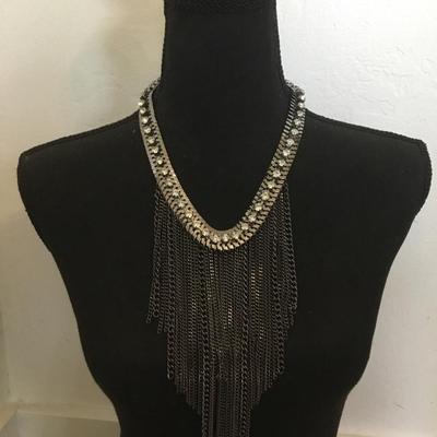 Gunmetal, gray rhinestone, tassel statement, necklace