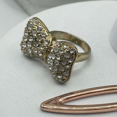LOT 93J: Rose Gold Chains, Flower Wire Pierced Earrings, Owl Stretch Ring & More