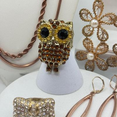 LOT 93J: Rose Gold Chains, Flower Wire Pierced Earrings, Owl Stretch Ring & More