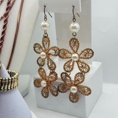 LOT 93J: Rose Gold Chains, Flower Wire Pierced Earrings, Owl Stretch Ring & More