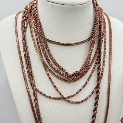 LOT 93J: Rose Gold Chains, Flower Wire Pierced Earrings, Owl Stretch Ring & More