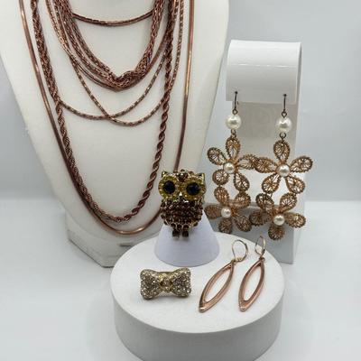 LOT 93J: Rose Gold Chains, Flower Wire Pierced Earrings, Owl Stretch Ring & More