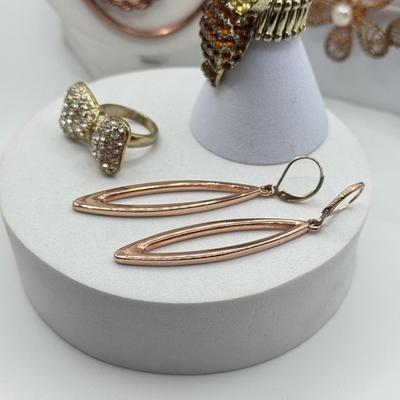 LOT 93J: Rose Gold Chains, Flower Wire Pierced Earrings, Owl Stretch Ring & More