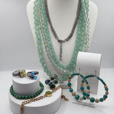 LOT 96J: Collection of Necklaces, Bracelets, Rings & Pair of Beaded Hoop Earrings