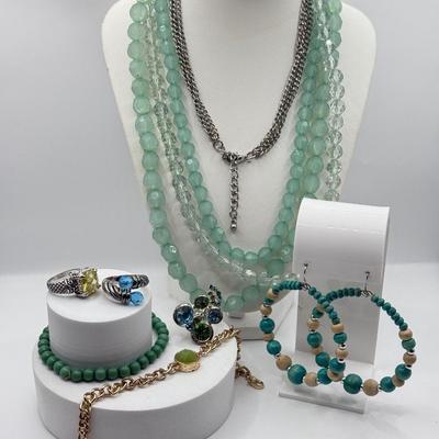 LOT 96J: Collection of Necklaces, Bracelets, Rings & Pair of Beaded Hoop Earrings