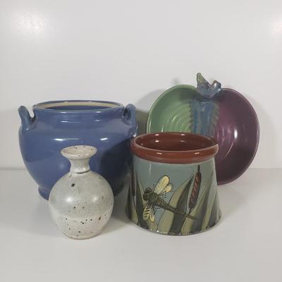 LOT 109B: Assortment of Signed Pottery Pieces with Apple Torte Dish & Dragonfly Candle Holder