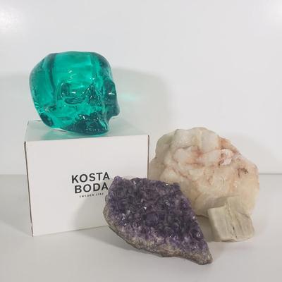 LOT 111B: Kosta Boda Green Skull Votive Candle Holder with Assorted Amethyst & Quartz