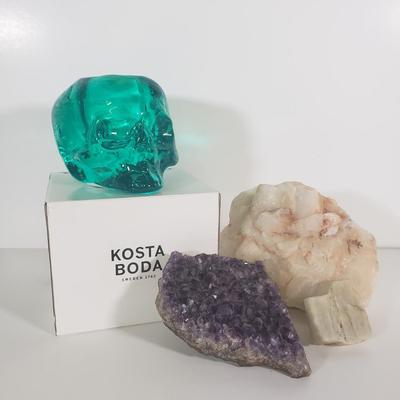 LOT 111B: Kosta Boda Green Skull Votive Candle Holder with Assorted Amethyst & Quartz