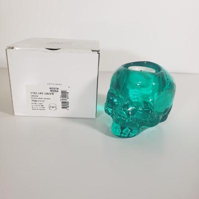 LOT 111B: Kosta Boda Green Skull Votive Candle Holder with Assorted Amethyst & Quartz