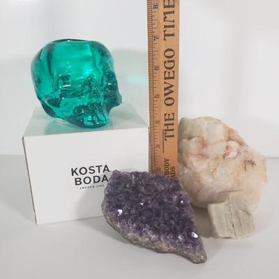 LOT 111B: Kosta Boda Green Skull Votive Candle Holder with Assorted Amethyst & Quartz