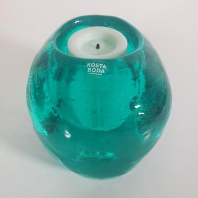 LOT 111B: Kosta Boda Green Skull Votive Candle Holder with Assorted Amethyst & Quartz