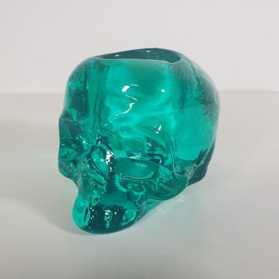 LOT 111B: Kosta Boda Green Skull Votive Candle Holder with Assorted Amethyst & Quartz