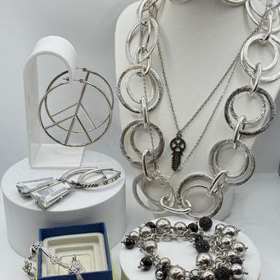 LOT 121J: Silvertone Jewelry - Peace Sign Hoops, Necklaces & More