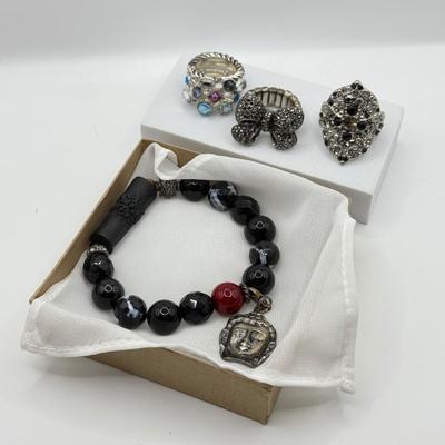 LOT 123J: Beaded Bracelet w/ Buddha Charm & Rings