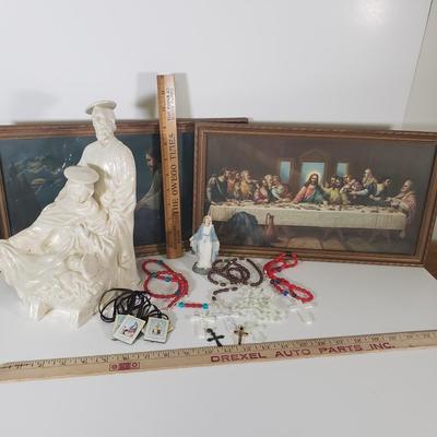 LOT 142B: Religious Items; Art, Trinkets & Assortment of Rosaries & Crosses