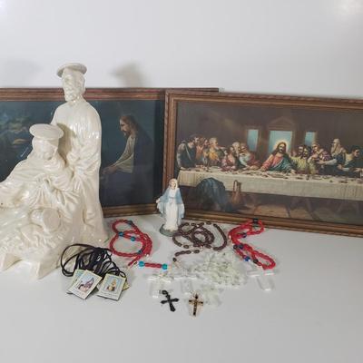 LOT 142B: Religious Items; Art, Trinkets & Assortment of Rosaries & Crosses