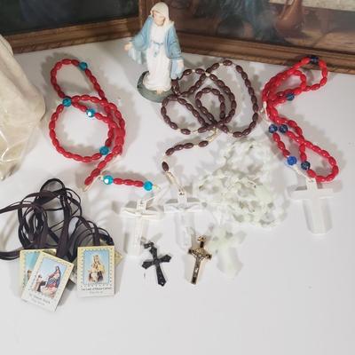 LOT 142B: Religious Items; Art, Trinkets & Assortment of Rosaries & Crosses