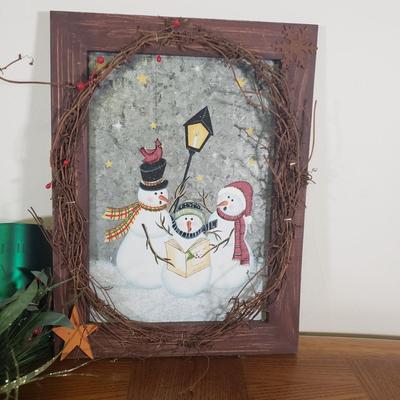 LOT 148B: Assorted Christmas & Rustic Holiday Decor with Adorable Snowman Sugar & Creamer Set