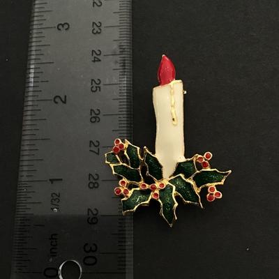 Vintage Christmas candle, brooch, enamel painted