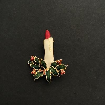 Vintage Christmas candle, brooch, enamel painted