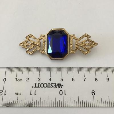 Vintage, art, deco, blue rhinestone, goldtone, brooch