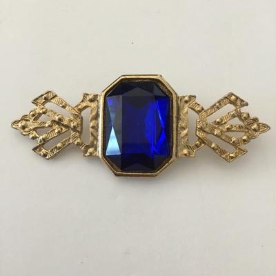 Vintage, art, deco, blue rhinestone, goldtone, brooch