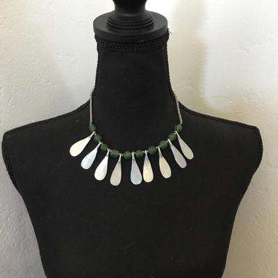 Unique vintage silver tone, green sea glass, bead statement, necklace
