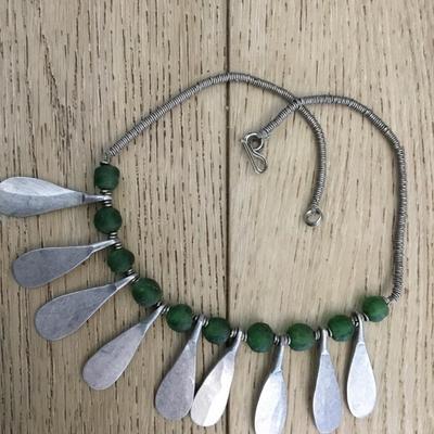 Unique vintage silver tone, green sea glass, bead statement, necklace