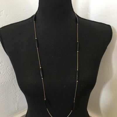 Vintage gold tone, black tube, bead, dainty necklace