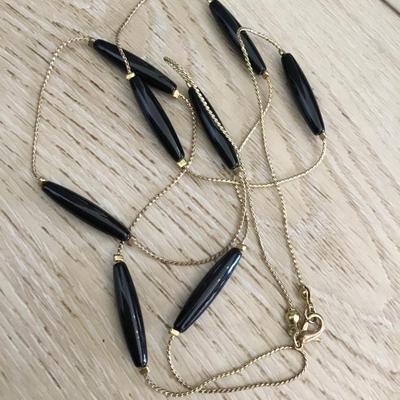 Vintage gold tone, black tube, bead, dainty necklace