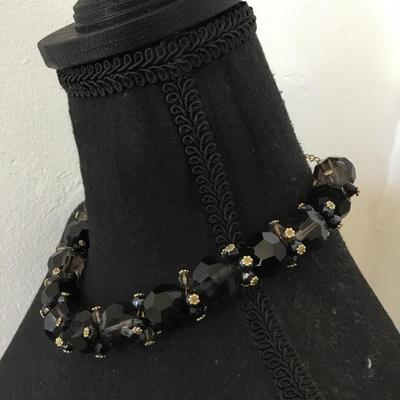 Chunky black & smoky faceted glass or crystal beaded chunky statement collar necklace