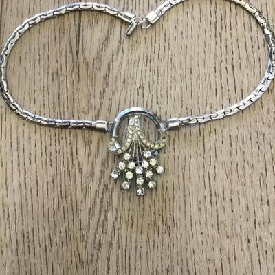 Vintage art, deco, Silver-tone, rhinestone statement, necklace