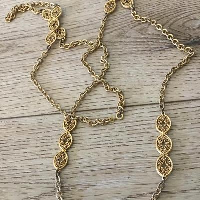 Vintage, gold tone, chain, gold filigree, long chain necklace
