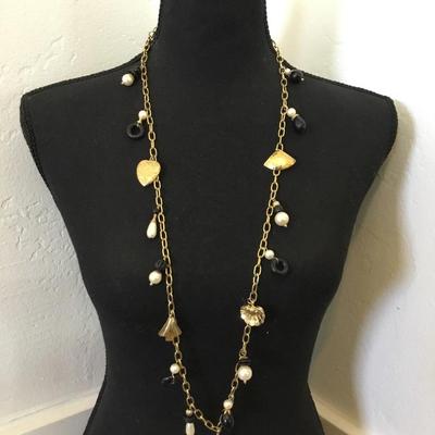 Vintage, gold, toned, faux, pearl charm statement necklace super cute