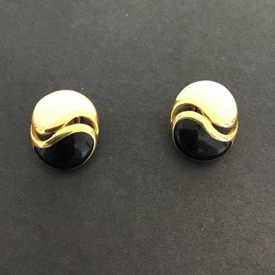 Gold tone, black and white enamel fashion, statement earrings