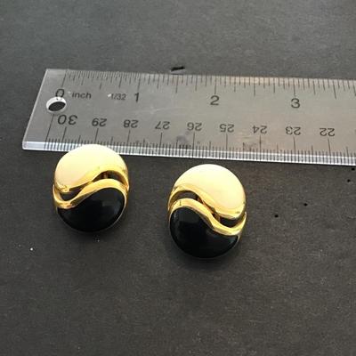 Gold tone, black and white enamel fashion, statement earrings
