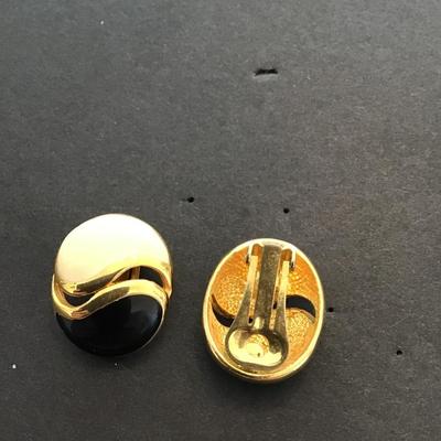 Gold tone, black and white enamel fashion, statement earrings