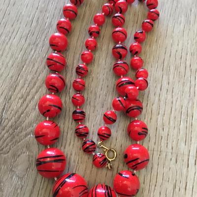 Vintage, cherry, red black, striped beaded necklace