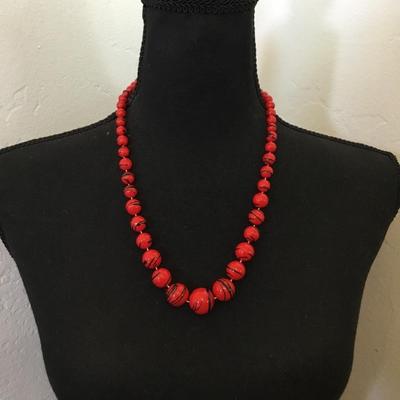 Vintage, cherry, red black, striped beaded necklace