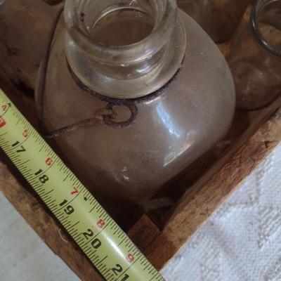 Collection of Vintage Glass Milk Bottles Various Sizes in Old Shipping Wood Crate (#51)