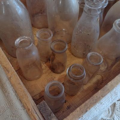 Collection of Vintage Glass Milk Bottles Various Sizes in Old Shipping Wood Crate (#51)