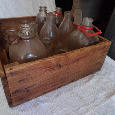 Collection of Vintage Glass Milk Bottles Various Sizes in Old Shipping Wood Crate (#51)