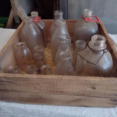 Collection of Vintage Glass Milk Bottles Various Sizes in Old Shipping Wood Crate (#51)