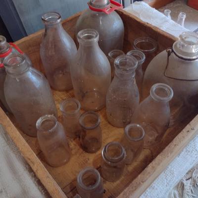 Collection of Vintage Glass Milk Bottles Various Sizes in Old Shipping Wood Crate (#51)