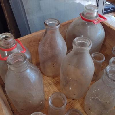 Collection of Vintage Glass Milk Bottles Various Sizes in Old Shipping Wood Crate (#51)