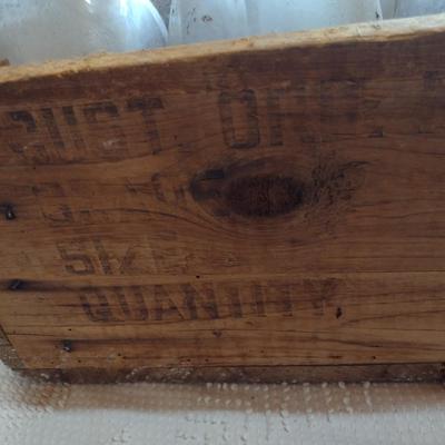Collection of Vintage Glass Milk Bottles Various Sizes in Old Shipping Wood Crate (#51)