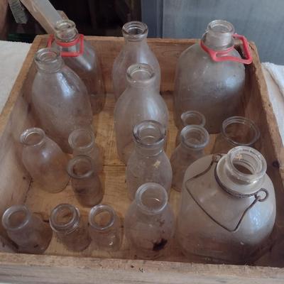 Collection of Vintage Glass Milk Bottles Various Sizes in Old Shipping Wood Crate (#51)