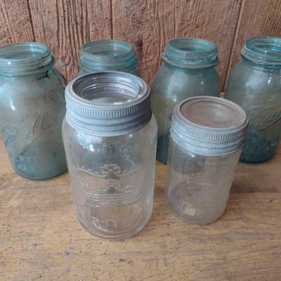 Assortment of Vintage Green Ball Canning Jars and Crown Glass Jars (#52)